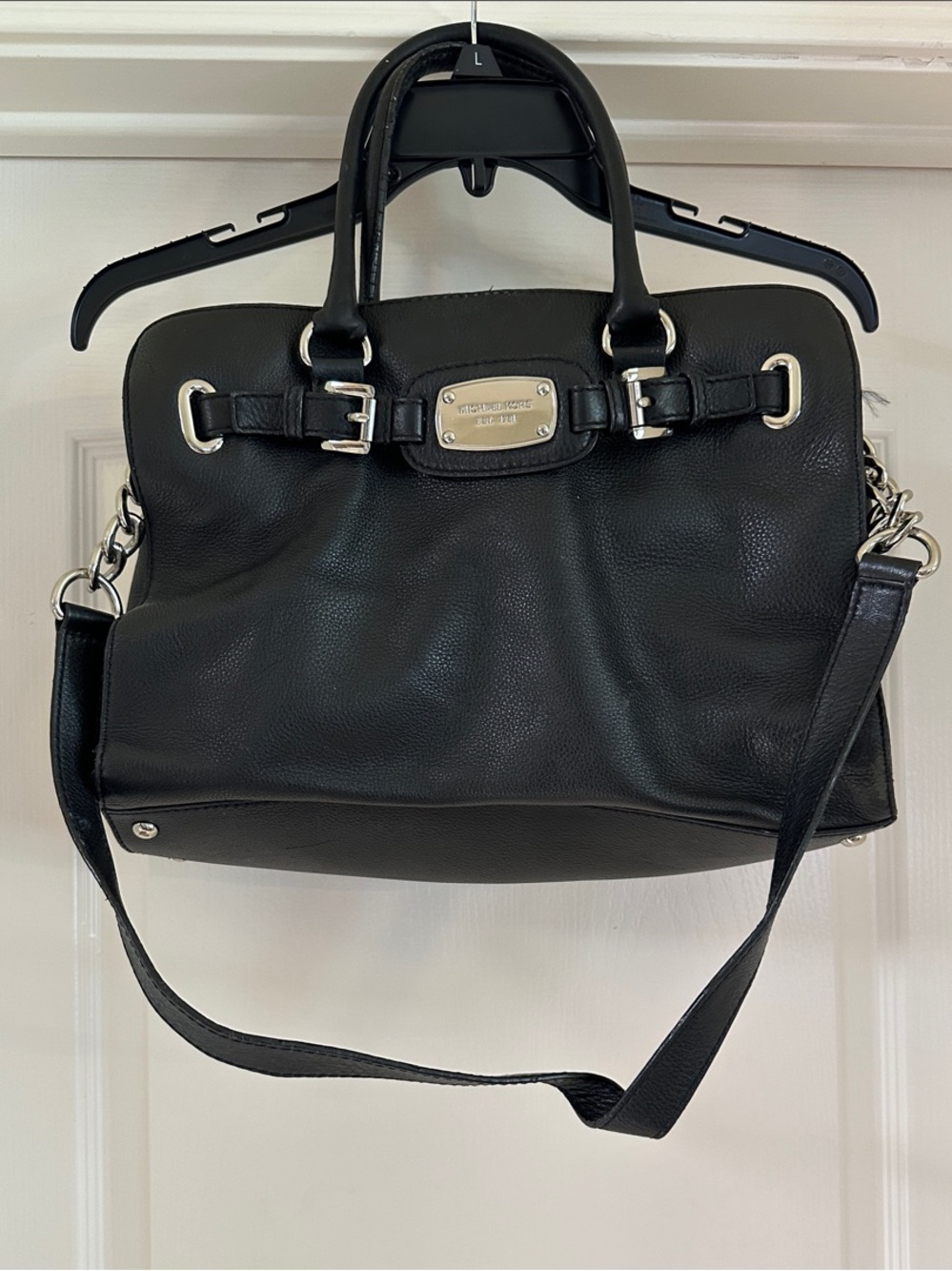 Michael Kors Black Leather Satchel with Silver Plaque